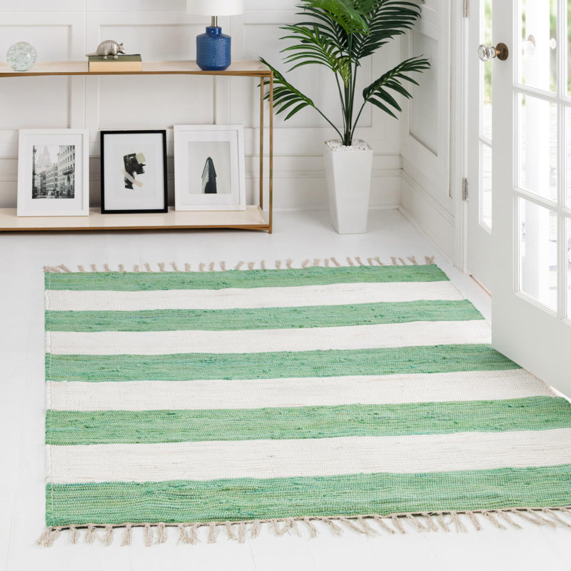 Tapis vert / blanc en coton noué à la main Calin, Carré 5 pi 1 po