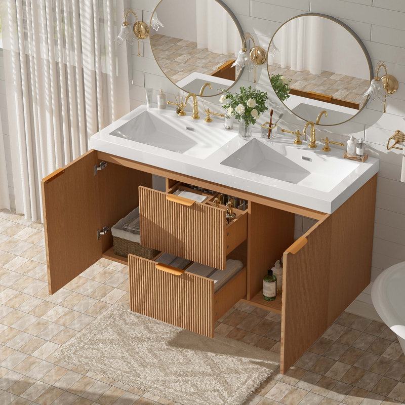 Meuble-lavabo double 47,24 pouces avec comptoir en SMC, armoire en panneau de fibres à densité moyenne, portes à fermeture en douceur, tiroirs divisés, meuble-lavabo mural moderne