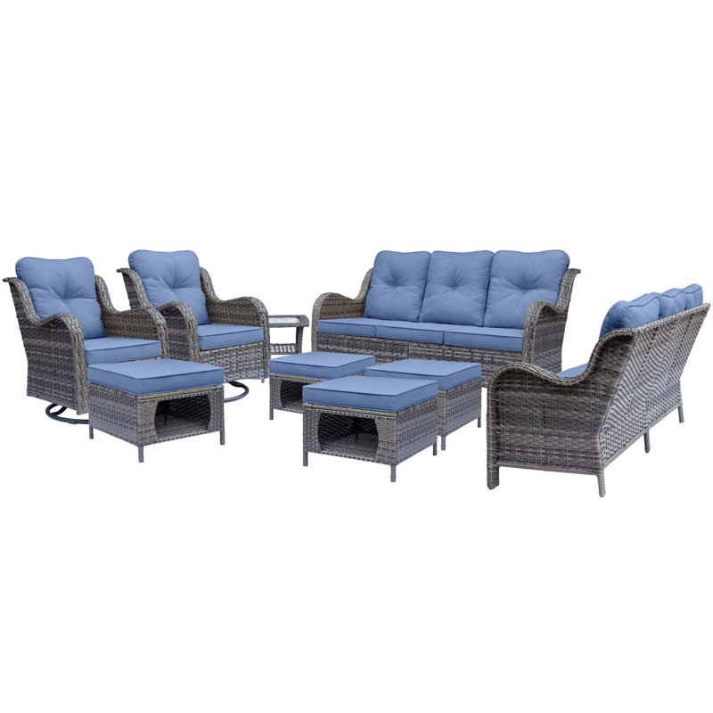 Ensemble de conversation pour 8 personnes avec coussins (ensemble de 9), Bleu