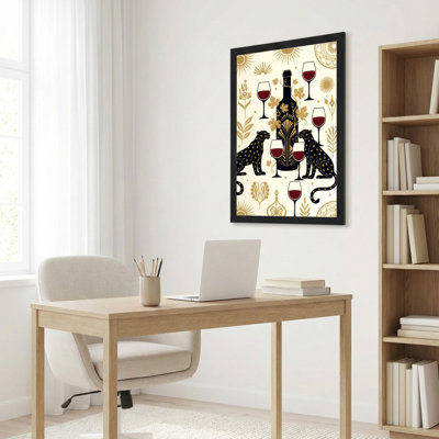 Léopard et bouteille de vin, reproduction d'art sur toile tendue sur toile, ensemble de 1