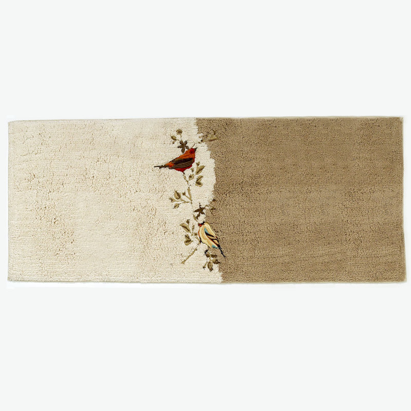 Ivory Beige Cotton Bath Rug with Embroidered Birds
