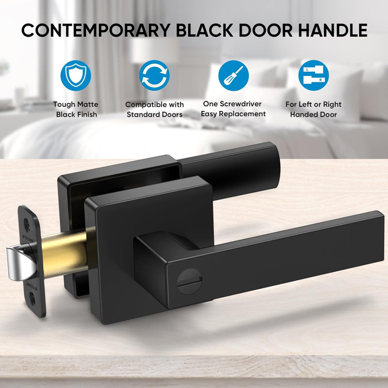 Poignées de porte noir mat 5PK, poignées de porte carrées réversibles pour le couloir et la chambre à coucher