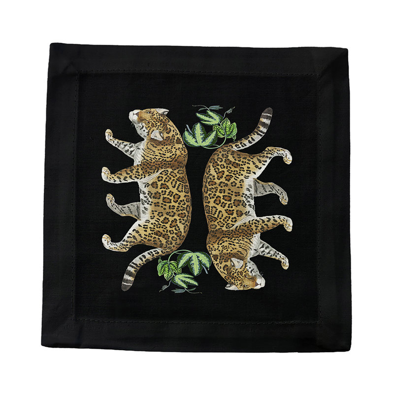 Leopard Seeing Double Cotton Sateen Cocktail Napkins, Black