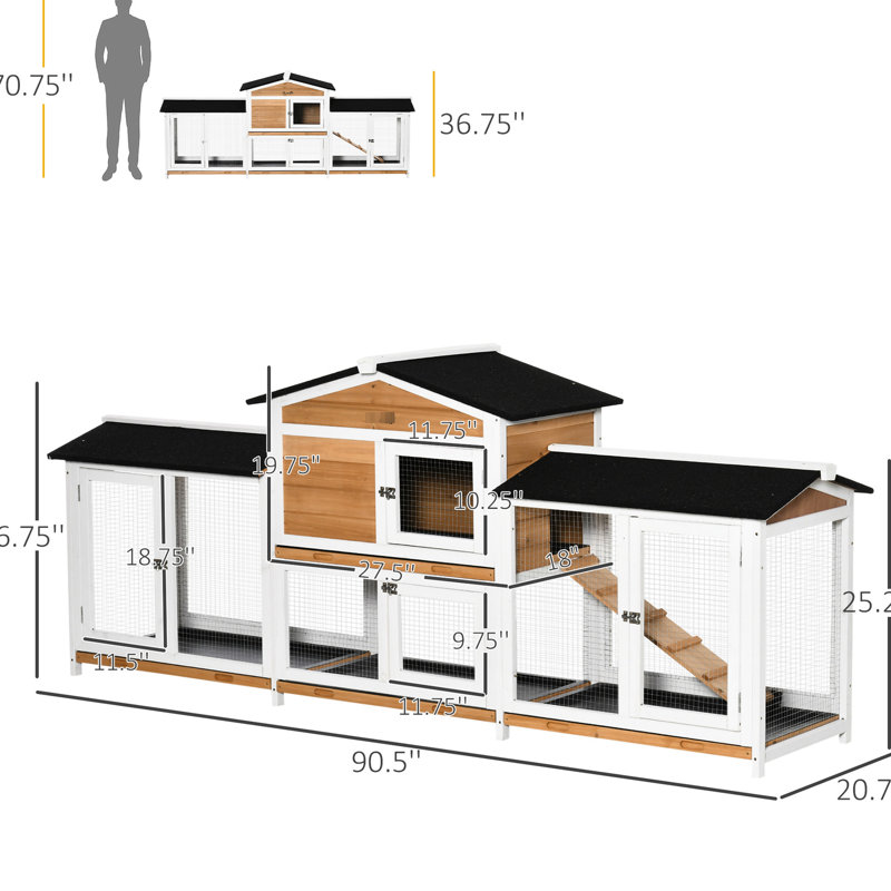 Cage à lapins spacieuse en bois blanc d'une longueur de 90,5 po, boîtes doubles et compartiments latéraux à plateau lavable, rampe d'entrée simple hygiénique