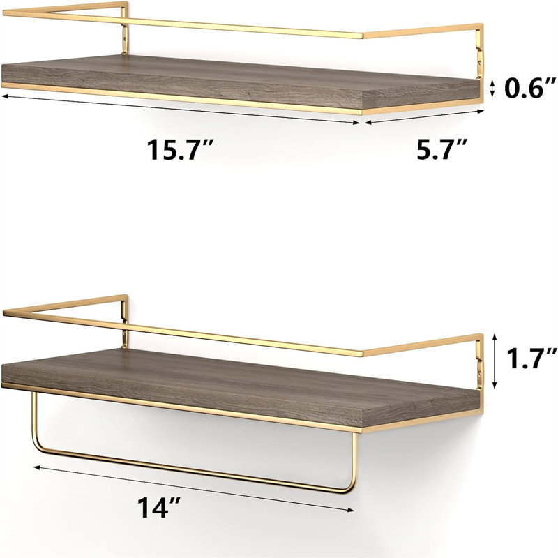 Coster 2 Piece Wood Floating Shelf, Brown/Gold
