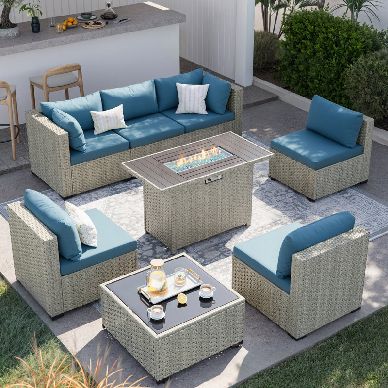 Outdoor Wicker 8-Piece Sectional Sofa Set With Comfortable Cushions, Teal