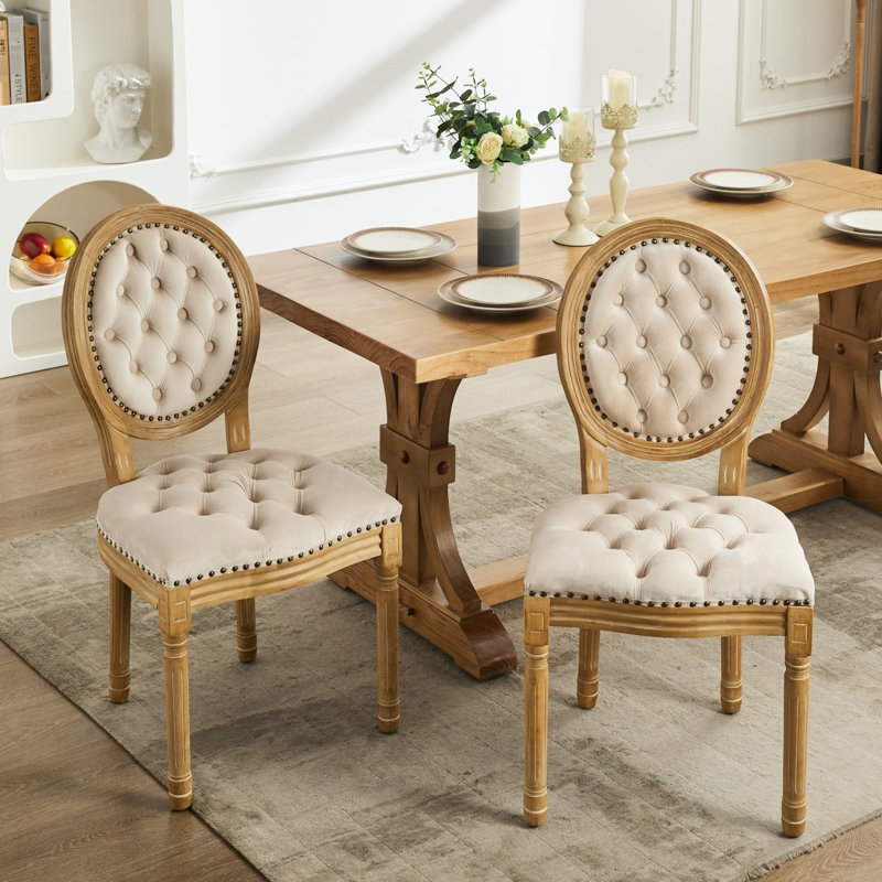 Chaises de salle à manger en velours beige de style antique, avec 2 fauteuils rembourrés à la main, Beige