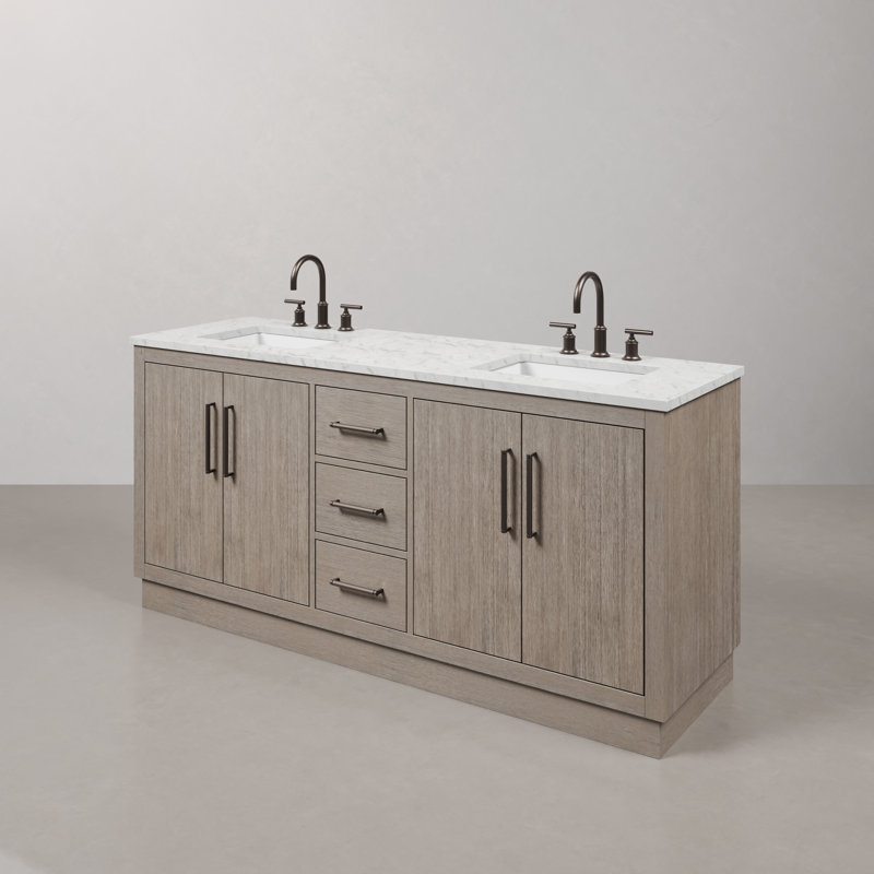 Hugo 72 In. Double Sink Carrara White Marble Countertop Vanity In Grey Oak With Gooseneck Faucets, Oil-Rubbed Bronze