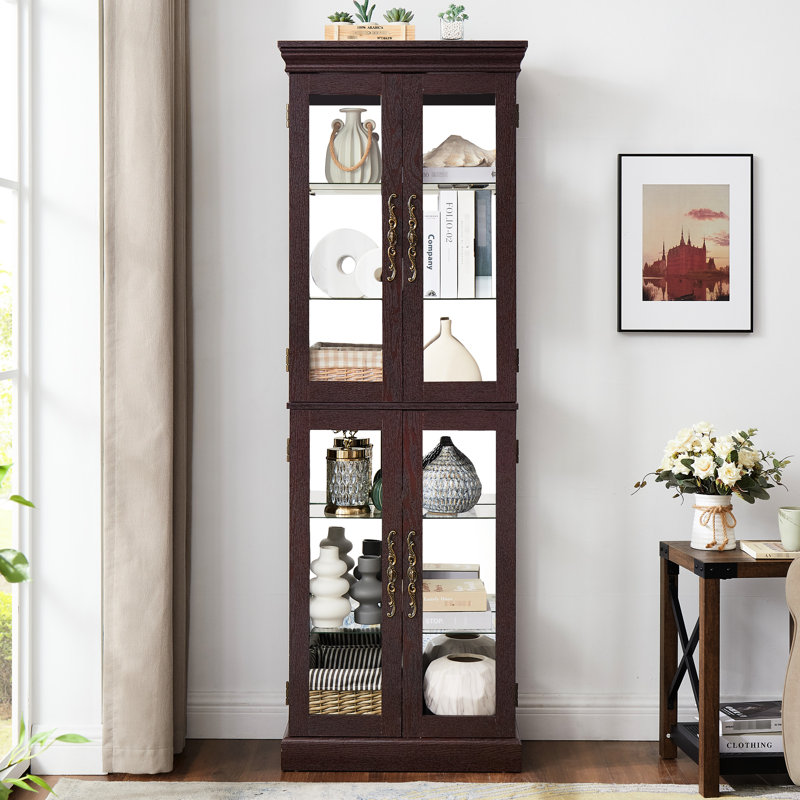 Allister Exquisite Glass Cabinet With Illuminated Interior And Quiet Door - Dark Cherry Lighted Movable Partition Appearance 70.39 In. High
