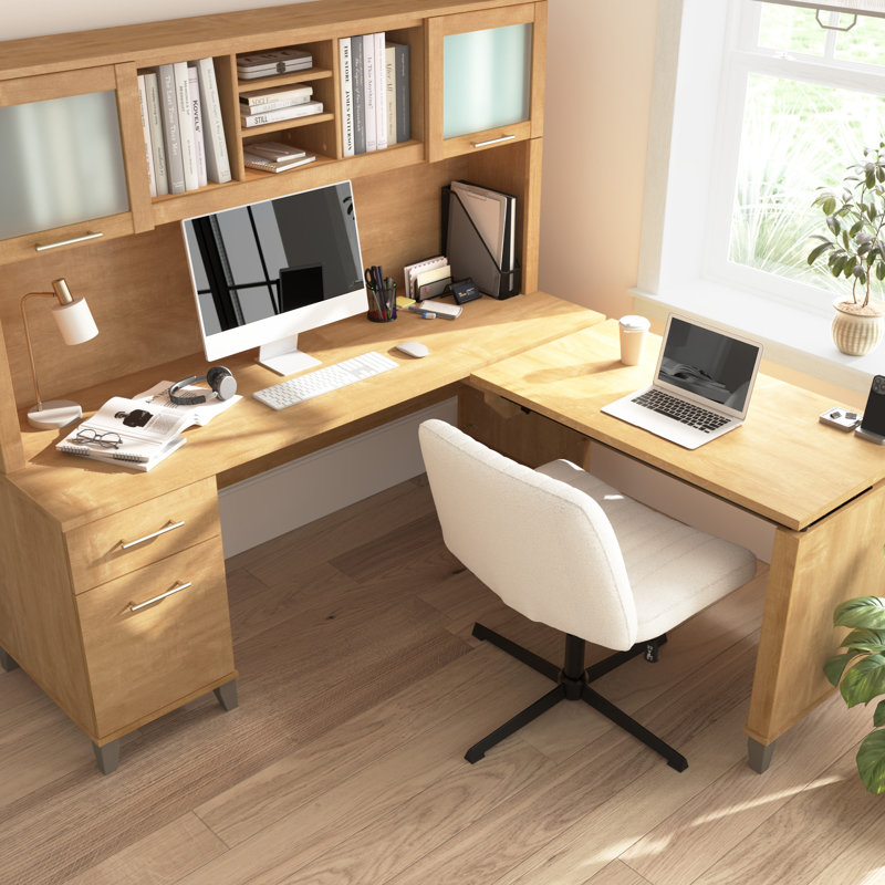Paelynn 72” L-Shaped Sit to Stand Desk with Hutch, Adjustable Height, Storage, Modern Wood, Maple Cross, Maple Cross