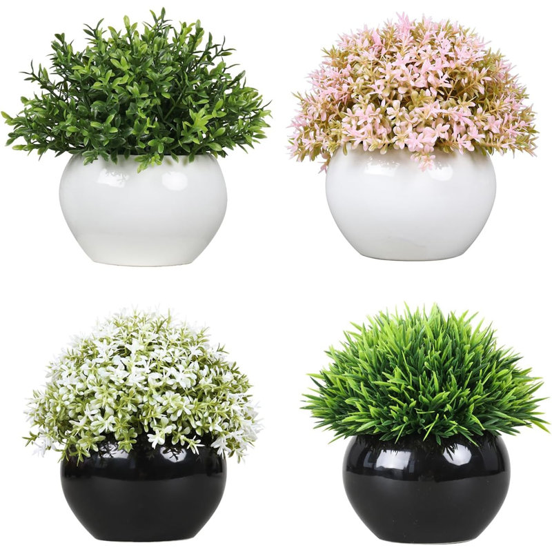 4-Pack Artificial Potted Plants, White Ceramic Pots, Mini Greenery Home Office Decor