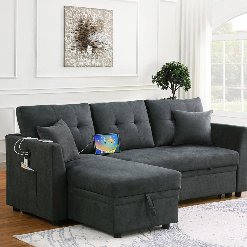 Lit modulaire avec hublot, rangement pour méridienne, canapé-lit en velours gris 3 po et douille