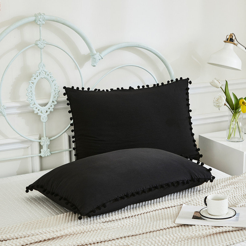 Black Pillowcases King Size Set of 2 Pom Pom Pillow Cases Soft Washed Microfiber Boho Pillow Cover Black Decorative Pillow Cases for Bedroom Ball Fringe Pillowcases, 2 Pack