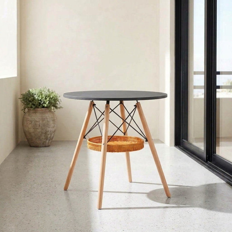 Table de salle à manger ronde scandinave noire de 31,5 pouces avec panier suspendu et pieds en bois naturel
