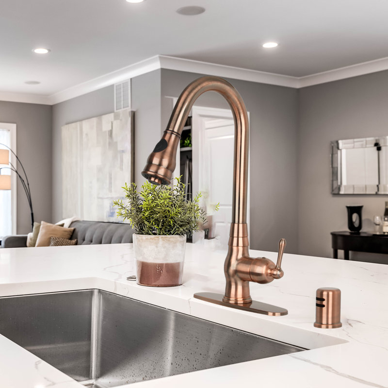 Copper Pull Down Kitchen Faucet with Single Handle Deck Plate Included, Antique Copper