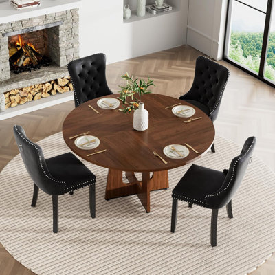 Round 47.24" Dining Table Set for 4, Farmhouse Circle Kitchen Table with 4 Velvet Upholstered Dining Chairs, Wooden Kitchen and Dining Room Table Set for Kitchen Living Room