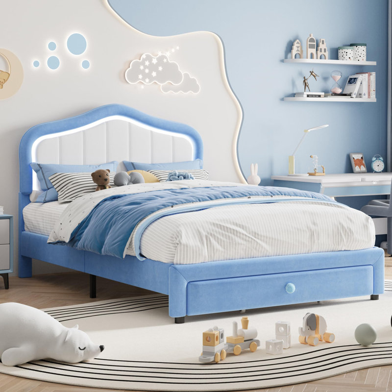 Upholstered Bed Frame with Led Lights and Storage Drawer for Kids, Girls, Boys, No Box Spring Needed, Full