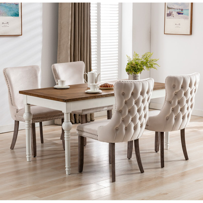  Demarco Luxury Velvet Upholstered Kitchen Dining Chairs, 4, Beige, Oak Wood