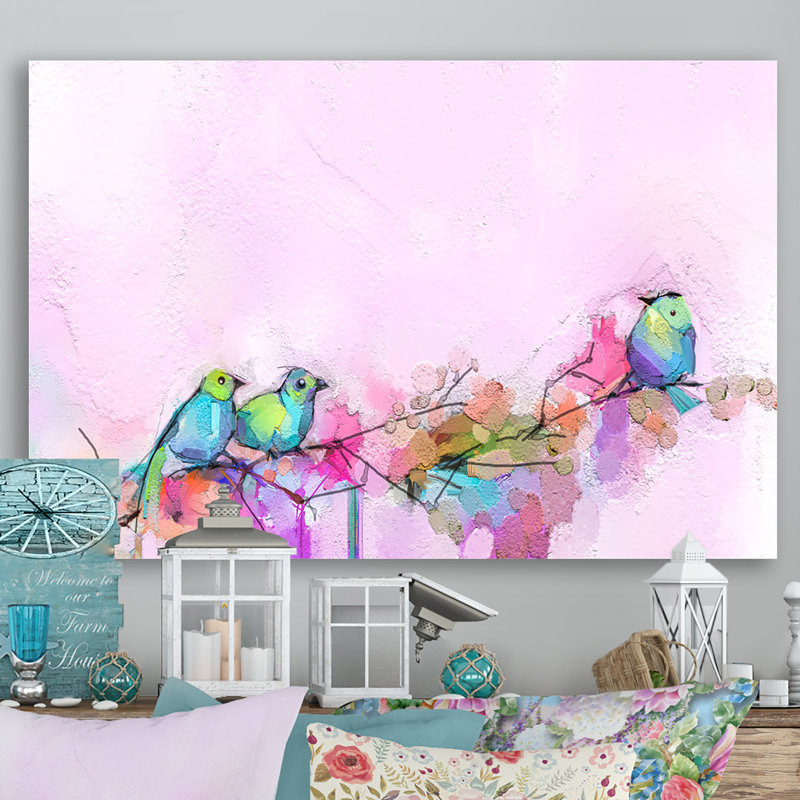 Pinceau rose et oiseaux mauves - reproduction sur toile avec cadre flottant, H 8 po x l 12 po x P 1 po, Toile tendue