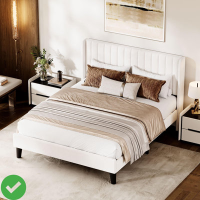 White Queen Size/Full Size Velvet Bed Frame Vertical Channel Tufted Wingback Headboard Upholstered Platform Bed