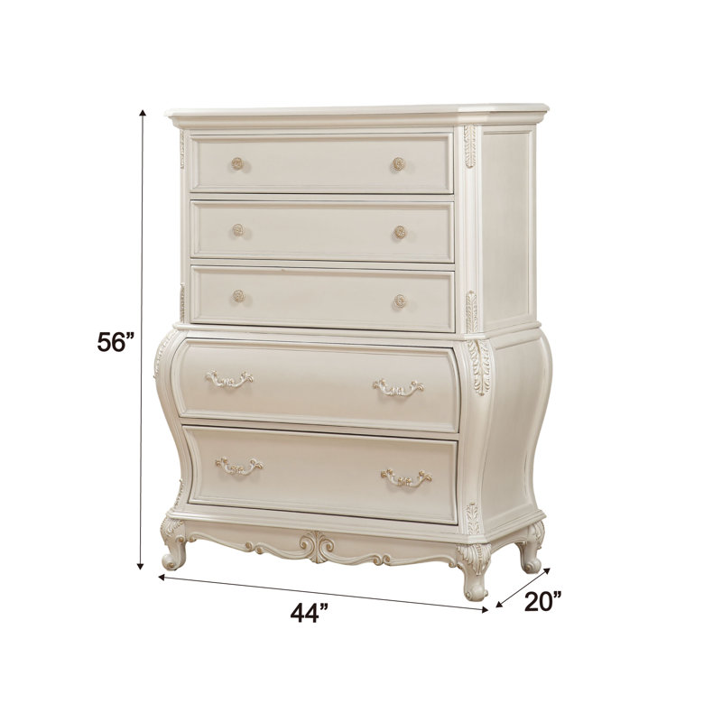 Commode 5 tiroirs avec pieds Queen Anne Gadson, Blanc perle