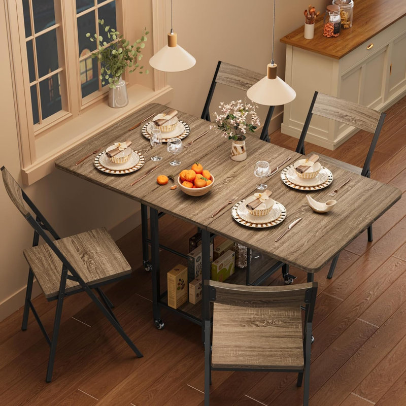 Ensemble de table de salle à manger pour 4 personnes, table de salle à manger pliante avec 4 chaises pliantes, table à abattants et chaises avec roulettes pivotantes, cachette, pour petit espace, cuisine, salle à manger - gris rustique