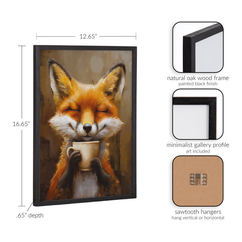 Mignon renard café, art mural, Cadre noir, H 12,65 po x l 16,65 po