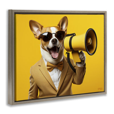 Dog with Yellow Megaphone Gold Framed Floater Canvas Wall Art by Roozbeh Bahramali