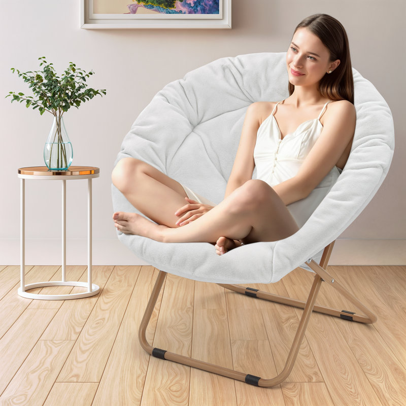 Upholstered Round Saucer Chairs with Headrest, Folding Cozy Lounge Lazy Chairs Papasan Moon Chairs, White