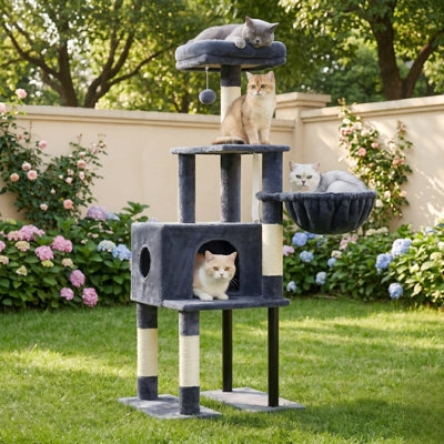 Tour pour chat 49,2 po pour chats d'intérieur, maison de chat spacieuse avec espace caché, tube en acier robuste, perchoir supérieur moelleux, hamac confortable, poteaux à griffer en sisal, gris fumé