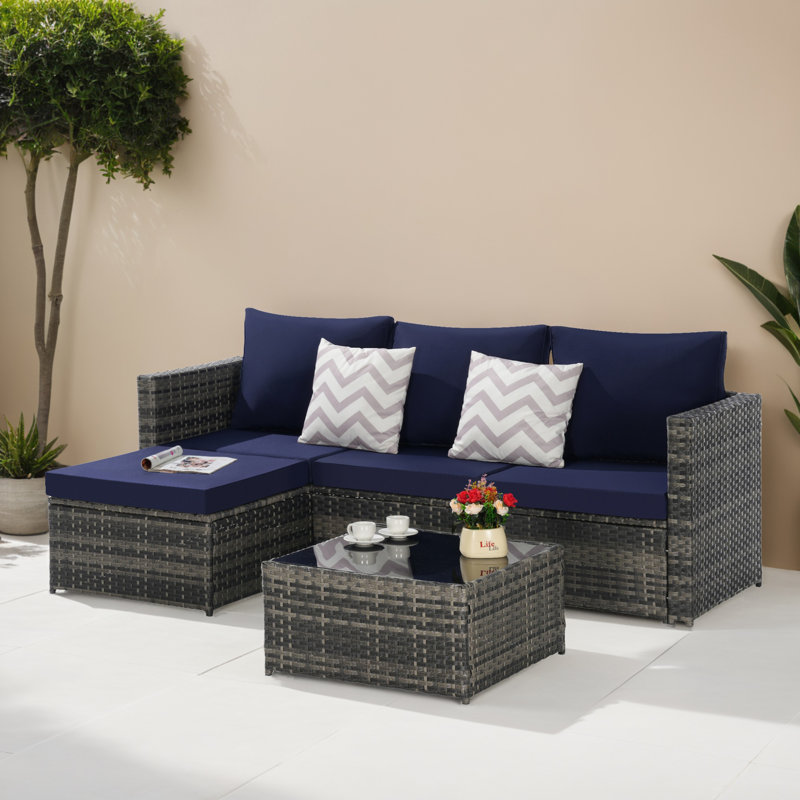 Ensemble de canapé modulaire en rotin pour l'extérieur 3 pièces pour jardin, cour et balcon, Bleu très foncé