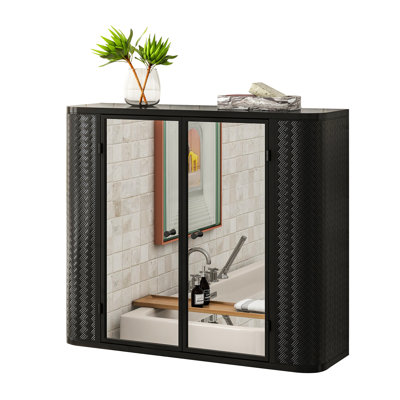 Bathroom Cabinet With 2 Mirrors And Open Shelf, Metal Design, Suitable For Vanity, Toilet & Over-sink Use, Powder Coated, Mirrored Doors Compartment,