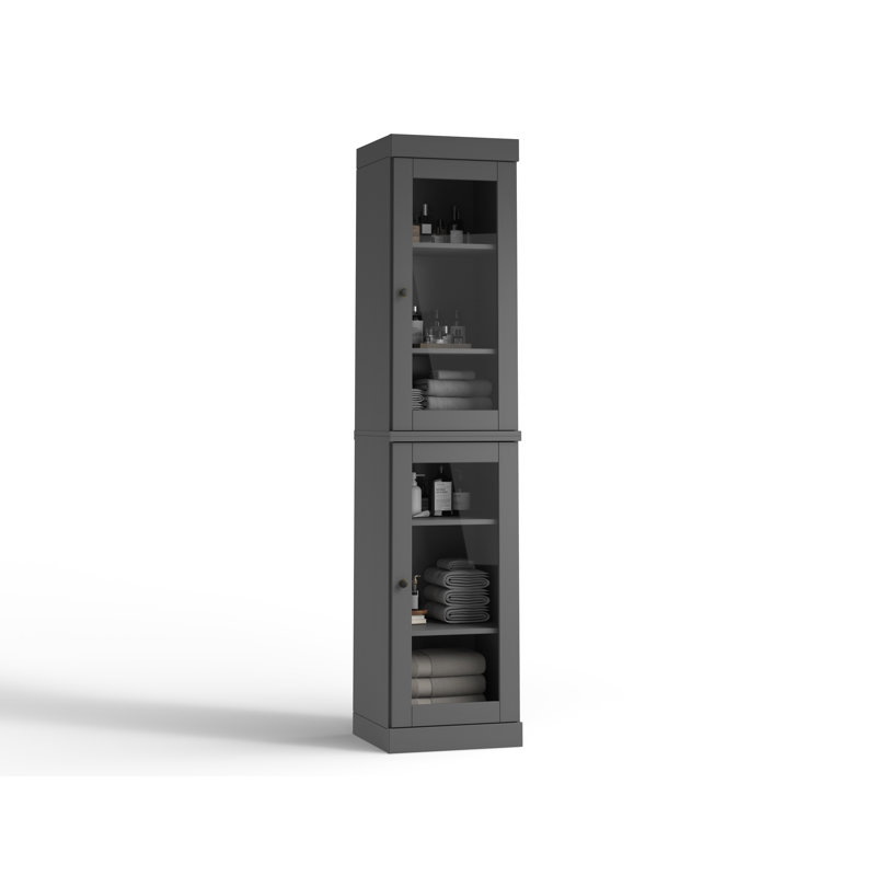 Armoire de salle de bain 100% bois massif 16,5 po avec portes en verre transparent et tablettes réglables, Gris
