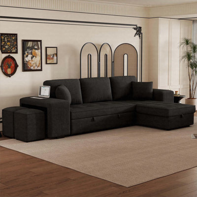 104.5" Modern L-Shaped Reversible Sectional With Storage Chaise, Sleeper & 2 Stools