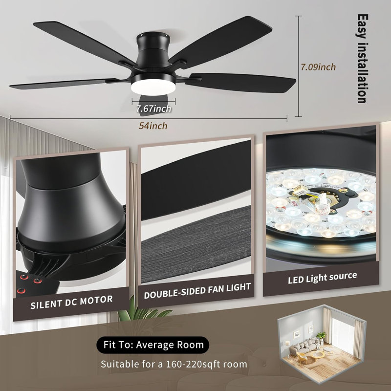 Ventilateurs de plafond avec lumières, ventilateur de plafond à profil bas RVB 54 pouces avec lumière et télécommande, à intensité variable, moteur à courant continu réversible, silencieux, 6 vitesses, ventilateur de plafond encastré pour le sal