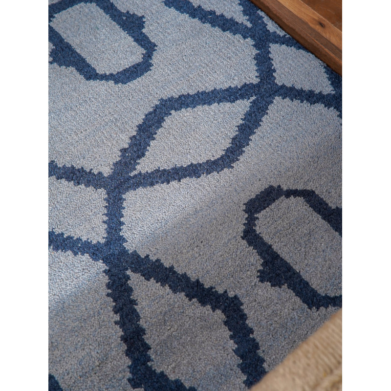 Tapis d'intérieur géométrique en laine bleu clair noué à la main, Rectangulaire 8 pi x 10 pi