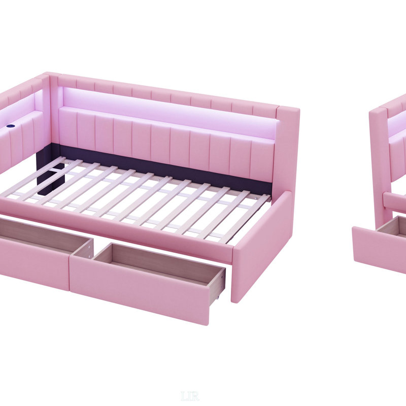 Lit plateforme tapissier pleine grandeur avec ports USB et éclairage à DEL, lit gigogne simple pour un espace de couchage supplémentaire, rose