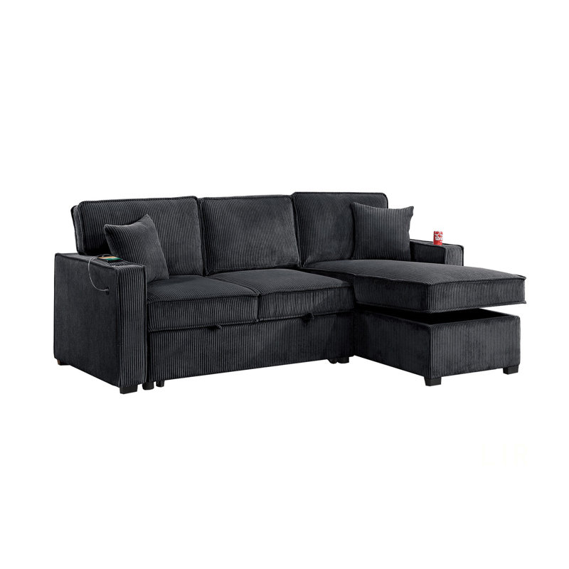 Contemporary Convertible Sectional With Cup Holders, USB Ports, Storage, And Pull-Out Extension For Living Room, Black