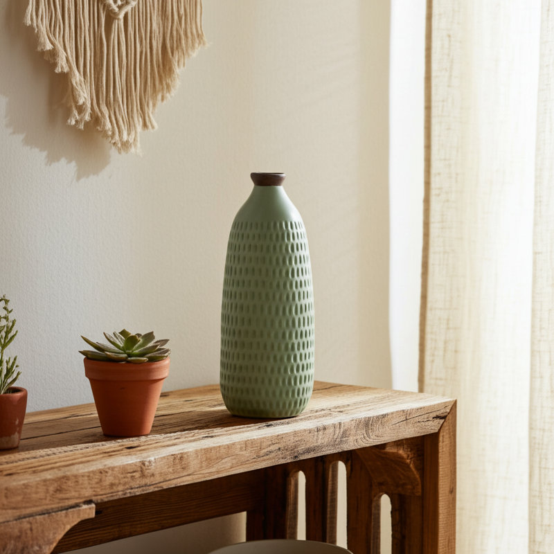 Textured Bottle Shape Stoneware Ceramic Flower Vase for Home Decor Table Display - Tall Decorative Accent for Shelves and Styling Vases