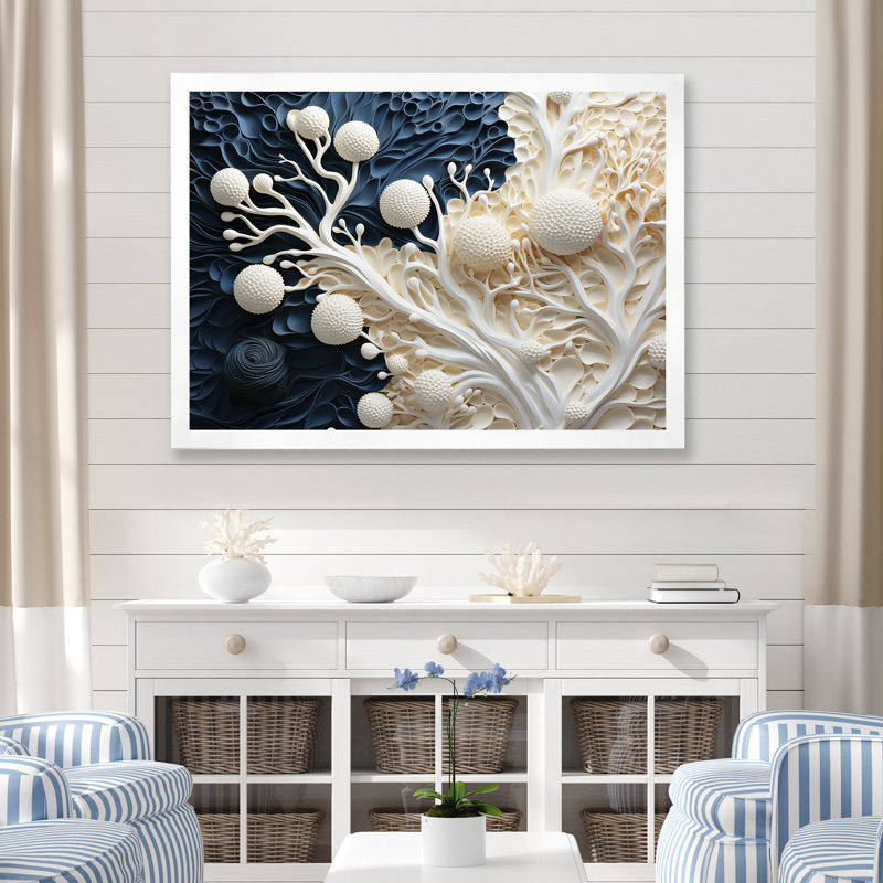 Art mural blanc et bleu corail I - Coastal Coral Under Water, Cadre simple blanc, H 12 po x l 20 po x P 1 po
