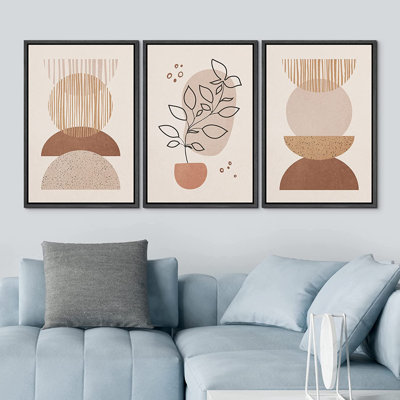 Mid Century Modern Boho " Mid-Century Geometric Botanical Pastel Semi Circles " 3 - Pieces Painting Print