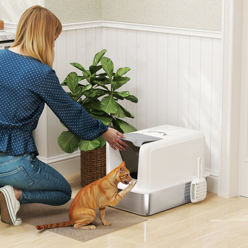 Stainless Steel Litter Box Enclosure with Scoop, White