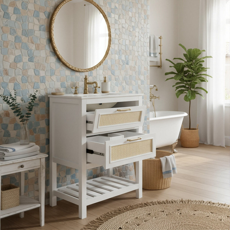 24" Freestanding Bathroom Vanity With Integrated Ceramic Sink, Modern Cabinet With Woven Rattan Front And Solid Wood Feet