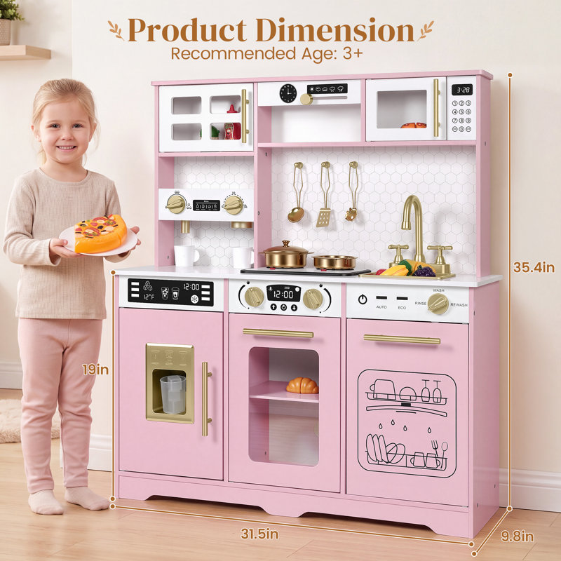 Cuisine en bois pour enfants avec lumières et sons, cuisine de jeu d'imitation avec accessoires pour les tout-petits de 3 à 8 ans