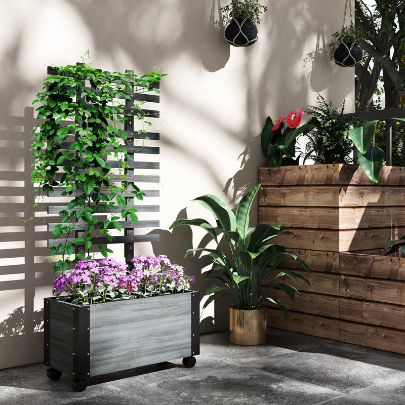 58" Outdoor Planter Box With Trellis & Wheels, , For Climbing Plants, Grey Raised Garden Inspiring Cart And Wheels Creativity