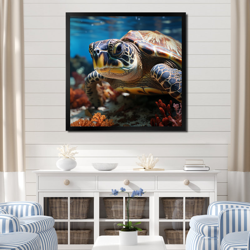 Curieuse tortue de mer sous l'eau, H 16 po x l 16 po x P 1 po, Cadre simple noir