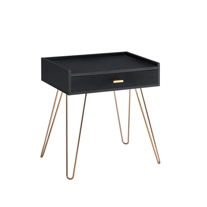 Table d'appoint 23,5 po Mid-Century Allen noire avec pieds en épingle à cheveux en cuivre
