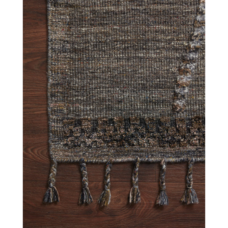 Tapis gris en laine noué la à la main géométrique Corrado, Rectangle 7 pi 9 po x 9 pi 9 po