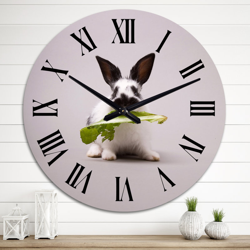 Horloge murale traditionnelle lapin noir et blanc avec feuille verte, Grand