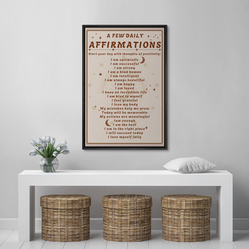 "Daily Affirmations", citations inspirantes sur l'art textuel sur toile, H 24 po x l 16 po x P 1,5 po, Noir